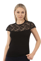 Özkan 7371 Kadın Premium Yumuşak Rahat Kumaş Viskon Dantel Detaylı Kısa Kollu Örme Bluz - Thumbnail