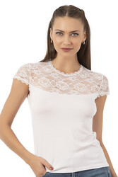 Özkan 7371 Kadın Premium Yumuşak Rahat Kumaş Viskon Dantel Detaylı Kısa Kollu Örme Bluz - Thumbnail