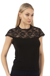 Özkan 7371 Kadın Premium Yumuşak Rahat Kumaş Viskon Dantel Detaylı Kısa Kollu Örme Bluz - Thumbnail