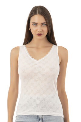 Özkan Underwear - Özkan 20584 Kadın Ribana Pamuklu Dantelli Transferli Kalın Askılı Atlet