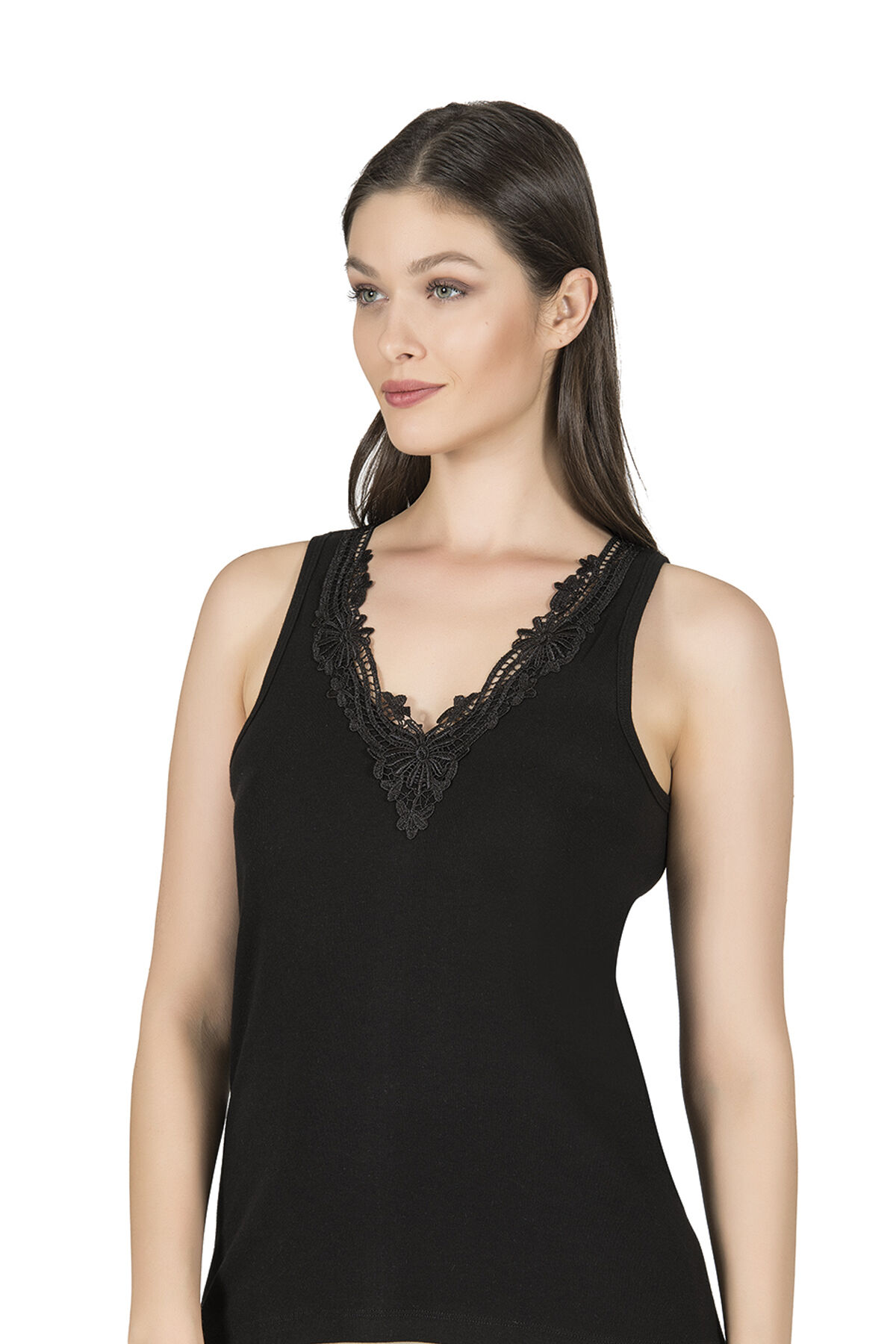 Özkan 0156 Kadın Ribana Pamuklu Güpürlü Kendinden Biyeli Kalın Askılı Atlet