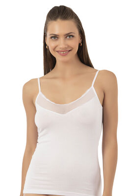 Özkan Underwear - Özkan 20572 Kadın Pamuklu Tül Detaylı İnce Askılı Atlet