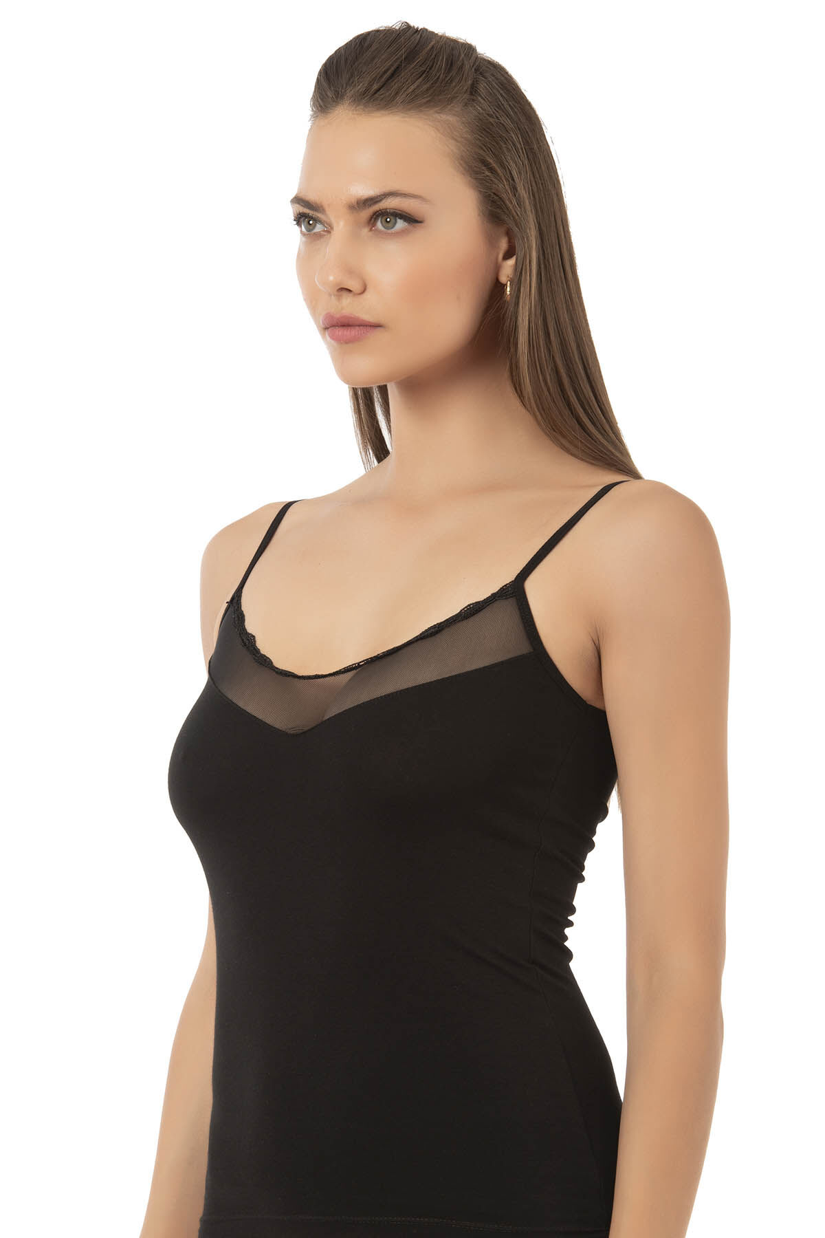 Özkan 20572 Kadın Pamuklu Tül Detaylı İnce Askılı Atlet