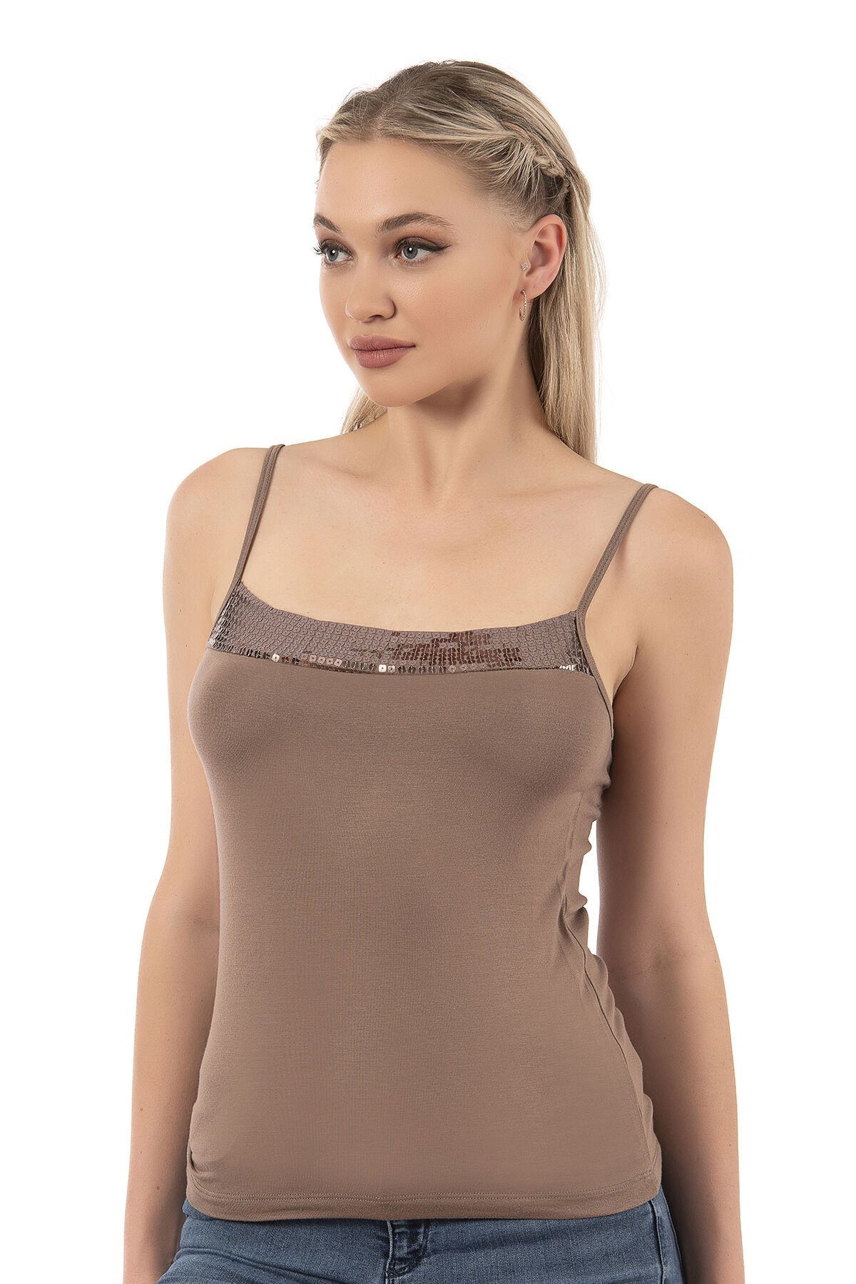 Özkan 2102 Kadın Viskon Kumaş Esnek Rahat İp Askılı Yakası Pul Detaylı Atlet