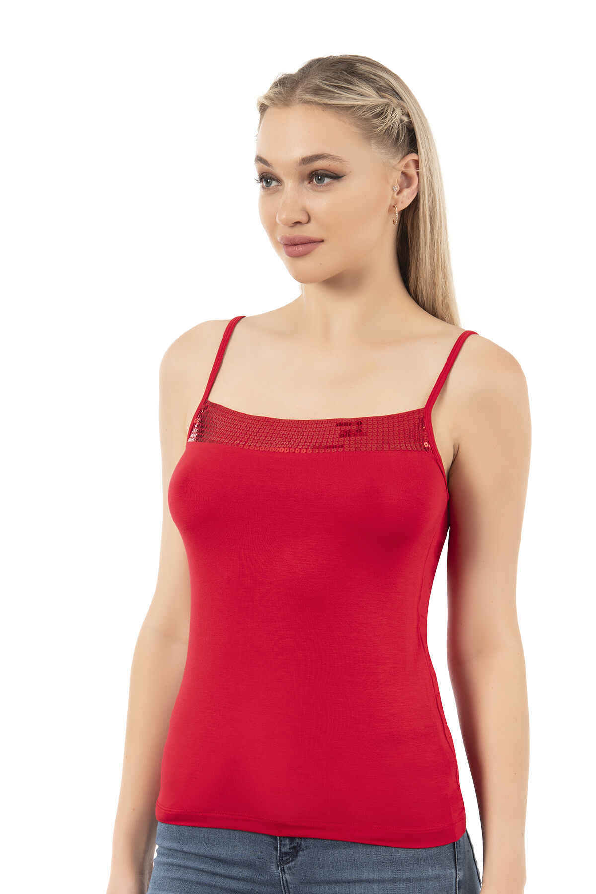 Özkan 2102 Kadın Viskon Kumaş Esnek Rahat İp Askılı Yakası Pul Detaylı Atlet