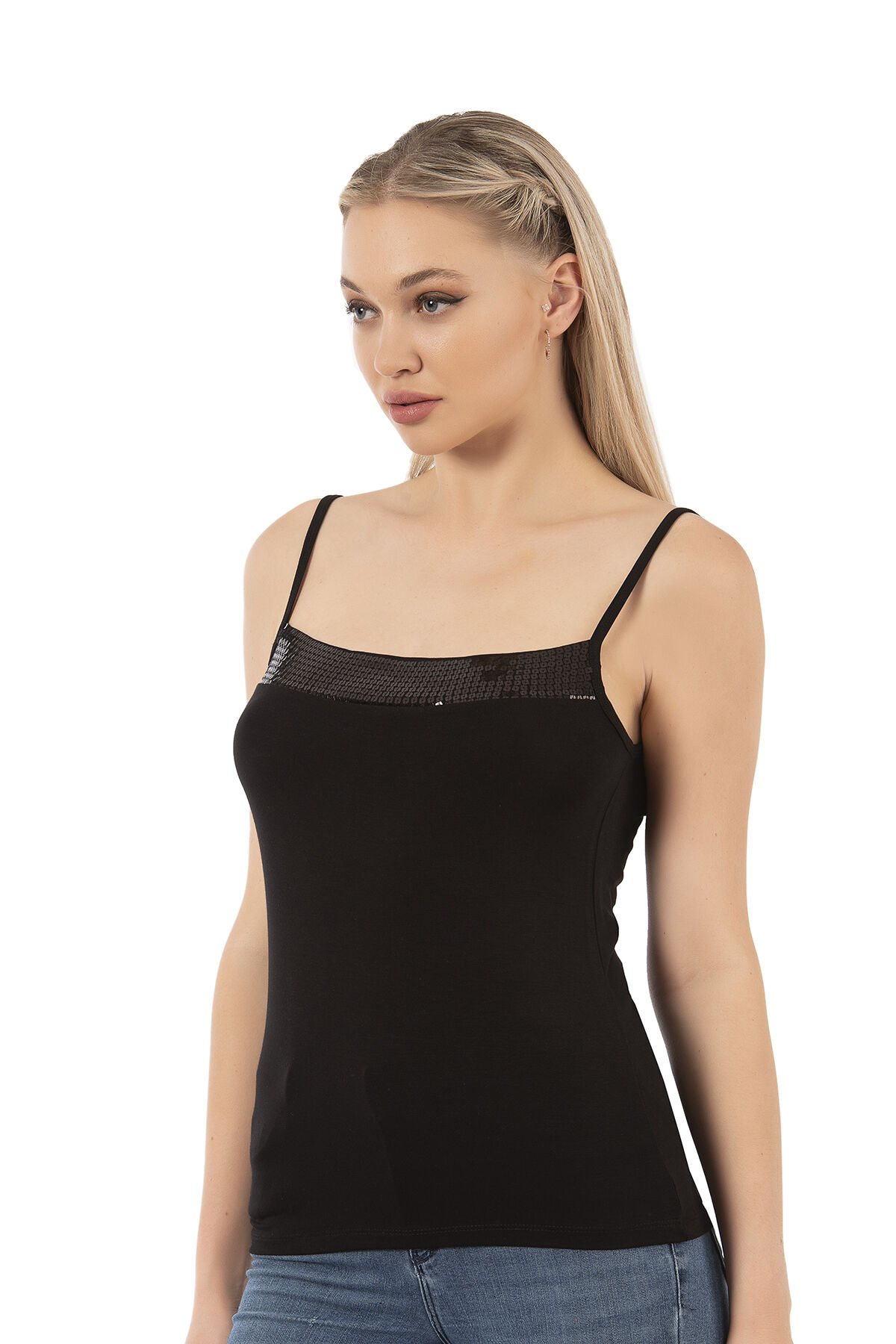 Özkan 2102 Kadın Viskon Kumaş Esnek Rahat İp Askılı Yakası Pul Detaylı Atlet