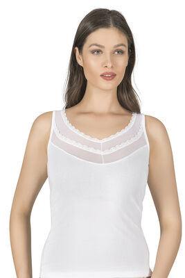 Özkan Underwear - Özkan 20582 Kadın Pamuklu Likralı Süprem Kalın Askılı Tül Detaylı Atlet