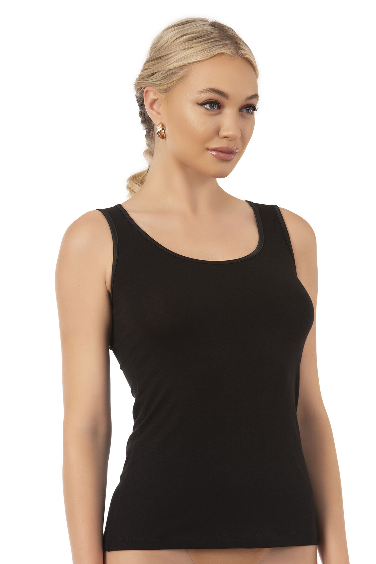 Özkan 20587 Kadın Pamuklu Modal Rahat Esnek U Yaka Saten Biyeli Kalın Askılı Atlet