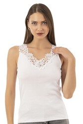 Özkan 2001 Kadın Pamuklu Ribana Dantelli Güpürlü Manolya Atlet - Thumbnail