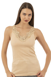 Özkan 2001 Kadın Pamuklu Ribana Dantelli Güpürlü Manolya Atlet - Thumbnail