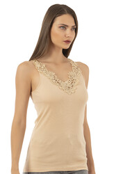 Özkan 2001 Kadın Pamuklu Ribana Dantelli Güpürlü Manolya Atlet - Thumbnail