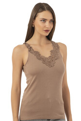 Özkan 2001 Kadın Pamuklu Ribana Dantelli Güpürlü Manolya Atlet - Thumbnail