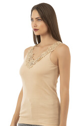 Özkan 2001 Kadın Pamuklu Ribana Dantelli Güpürlü Manolya Atlet - Thumbnail