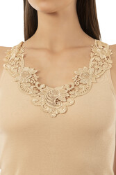 Özkan 2001 Kadın Pamuklu Ribana Dantelli Güpürlü Manolya Atlet - Thumbnail