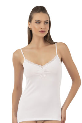 Özkan Underwear - Özkan 3167 Önü Büzgülü Dantelli Likralı Pamuklu İp Askılı Kadın Penye Atlet