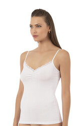 Özkan 3167 Kadın %95 Pamuklu Önü Büzgülü Dantelli İp Askılı Penye Atlet - Thumbnail