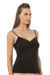 Özkan 3167 Kadın %95 Pamuklu Önü Büzgülü Dantelli İp Askılı Penye Atlet - Thumbnail