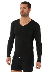 Özkan 0274 Erkek %95 Pamuklu Penye Likralı Süprem V Yaka Uzun Kol Tişört Fanila - Thumbnail