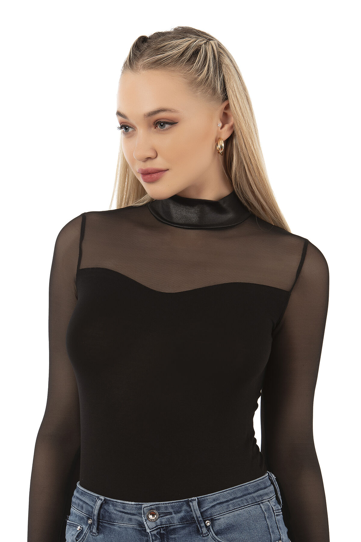 Özkan 20577 Kadın Viskon Yarım Balıkçı Yaka Tül Detaylı Esnek Rahat Uzun Kollu Kancalı Çıtçıtlı Body