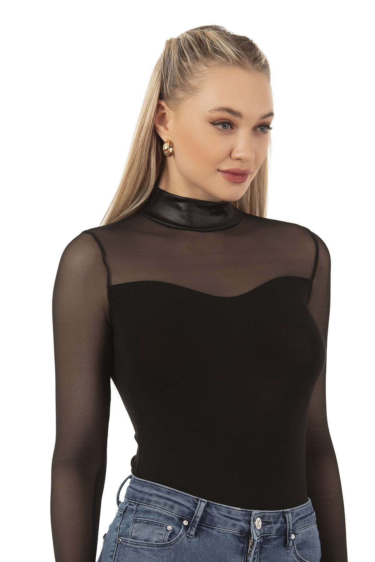 Özkan 20577 Kadın Viskon Yarım Balıkçı Yaka Tül Detaylı Esnek Rahat Uzun Kollu Kancalı Çıtçıtlı Body