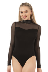 Özkan 20577 Kadın Viskon Yarım Balıkçı Yaka Tül Detaylı Esnek Rahat Uzun Kollu Kancalı Çıtçıtlı Body - Thumbnail