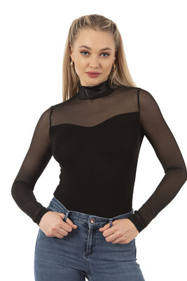 Özkan Underwear - Özkan 20577 Kadın Viskon Yarım Balıkçı Yaka Tül Detaylı Esnek Rahat Uzun Kollu Kancalı Çıtçıtlı Body