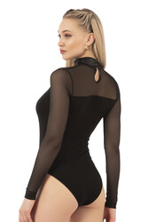 Özkan 20577 Kadın Viskon Yarım Balıkçı Yaka Tül Detaylı Esnek Rahat Uzun Kollu Kancalı Çıtçıtlı Body - Thumbnail