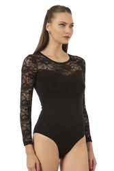 Özkan 22013 Kadın Pamuklu Likralı Lez Dantelli Simit Yaka Uzun Kollu Kancalı Çıtçıtlı Body - Thumbnail