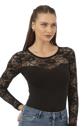 Özkan 22013 Kadın Pamuklu Likralı Lez Dantelli Simit Yaka Uzun Kollu Kancalı Çıtçıtlı Body - Thumbnail