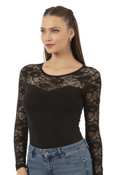 Özkan 22013 Kadın Pamuklu Likralı Lez Dantelli Simit Yaka Uzun Kollu Kancalı Çıtçıtlı Body - Thumbnail