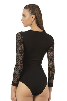 Özkan Underwear - Özkan 22013 Kadın Pamuklu Likralı Lez Dantelli Simit Yaka Uzun Kollu Kancalı Çıtçıtlı Body (1)