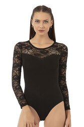 Özkan 22013 Kadın Pamuklu Likralı Lez Dantelli Simit Yaka Uzun Kollu Kancalı Çıtçıtlı Body - Thumbnail