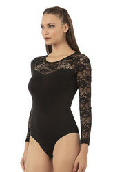 Özkan 22013 Kadın Pamuklu Likralı Lez Dantelli Simit Yaka Uzun Kollu Kancalı Çıtçıtlı Body - Thumbnail