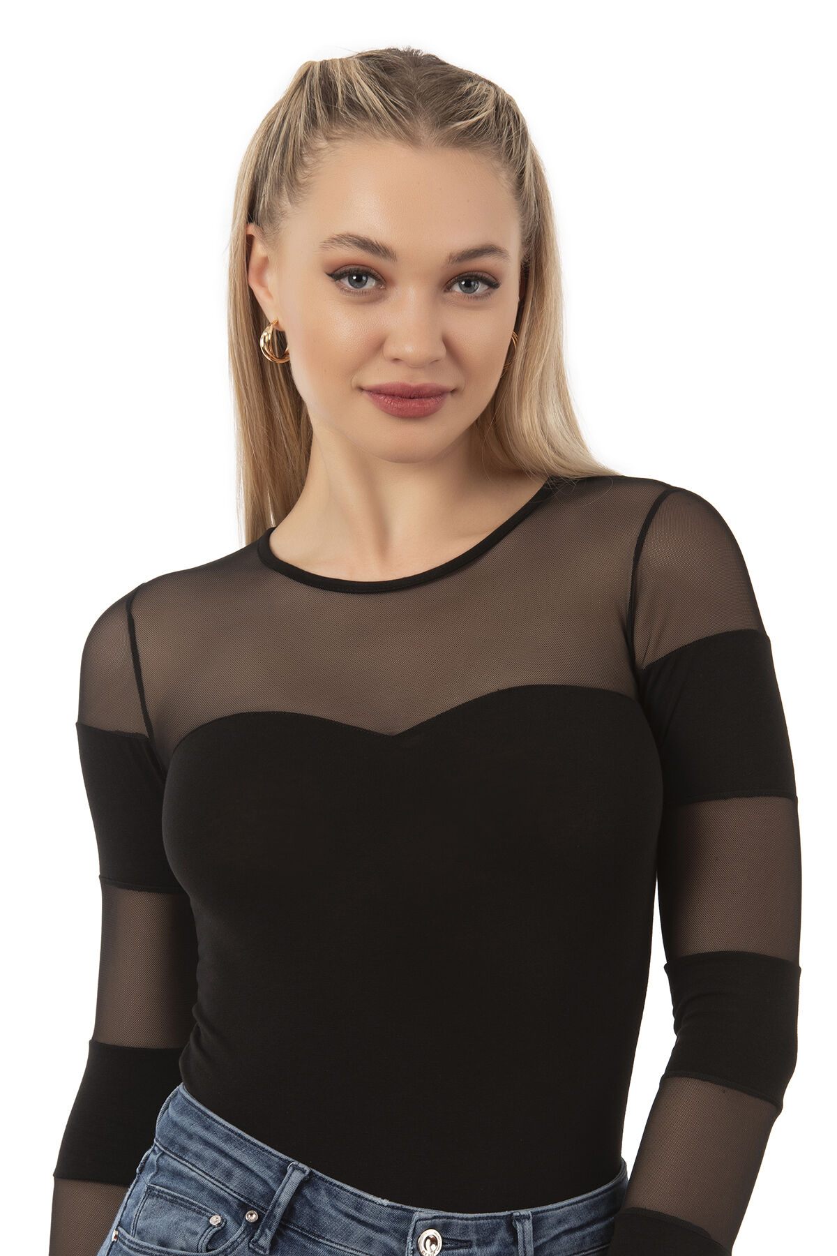 Özkan 22773 Kadın Pamuklu Önü Tül Detaylı Uzun Kollu Yuvarlak Yaka Kancalı Çıtçıtlı Body Zıbın