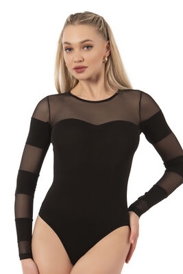 Özkan Underwear - Özkan 22773 Kadın Pamuklu Önü Tül Detaylı Uzun Kollu Yuvarlak Yaka Kancalı Çıtçıtlı Body Zıbın