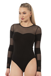 Özkan 22773 Kadın Pamuklu Önü Tül Detaylı Uzun Kollu Yuvarlak Yaka Kancalı Çıtçıtlı Body Zıbın - Thumbnail