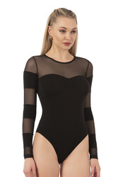 Özkan 22773 Kadın Pamuklu Önü Tül Detaylı Uzun Kollu Yuvarlak Yaka Kancalı Çıtçıtlı Body Zıbın - Thumbnail