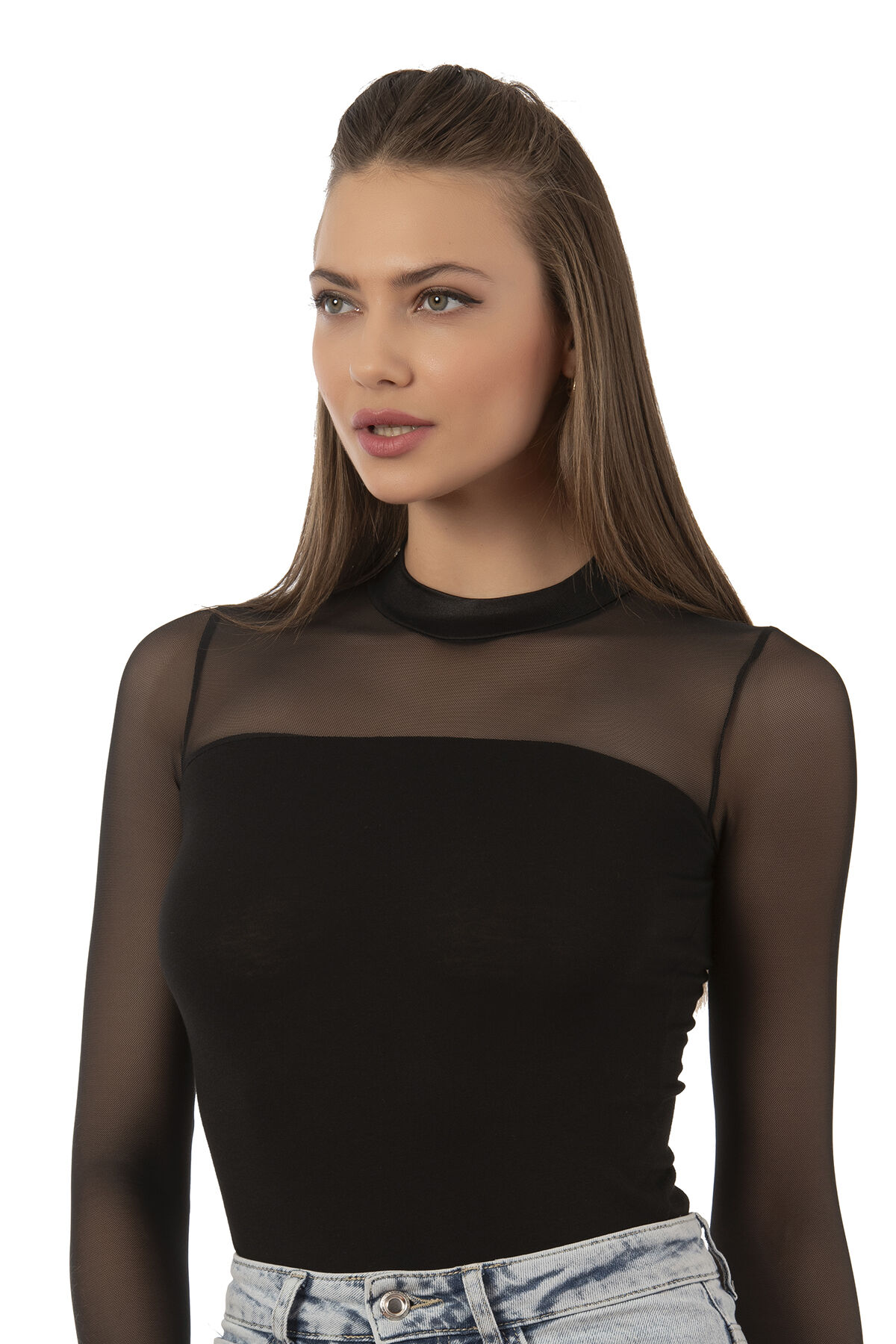 Özkan 22779 Kadın Pamuklu Önü Tül Detaylı Uzun Kollu Yarım Balıkçı Yaka Kancalı Çıtçıtlı Body Zıbın