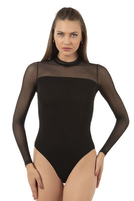 Özkan Underwear - Özkan 22779 Kadın Pamuklu Önü Tül Detaylı Uzun Kollu Yarım Balıkçı Yaka Kancalı Çıtçıtlı Body Zıbın