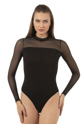 Özkan 22779 Kadın Pamuklu Önü Tül Detaylı Uzun Kollu Yarım Balıkçı Yaka Kancalı Çıtçıtlı Body Zıbın - Thumbnail