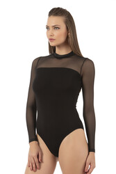 Özkan 22779 Kadın Pamuklu Önü Tül Detaylı Uzun Kollu Yarım Balıkçı Yaka Kancalı Çıtçıtlı Body Zıbın - Thumbnail