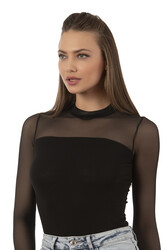 Özkan 22779 Kadın Pamuklu Önü Tül Detaylı Uzun Kollu Yarım Balıkçı Yaka Kancalı Çıtçıtlı Body Zıbın - Thumbnail