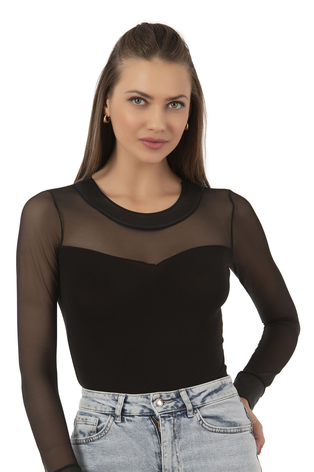 Özkan 22786 Kadın Likralı Pamuklu Süprem Esnek Rahat Tül Detaylı Bisiklet Yaka Kancalı Çıtçıtlı Body Zıbın