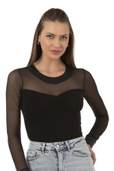 Özkan 22786 Kadın Likralı Pamuklu Süprem Esnek Rahat Tül Detaylı Bisiklet Yaka Kancalı Çıtçıtlı Body Zıbın - Thumbnail