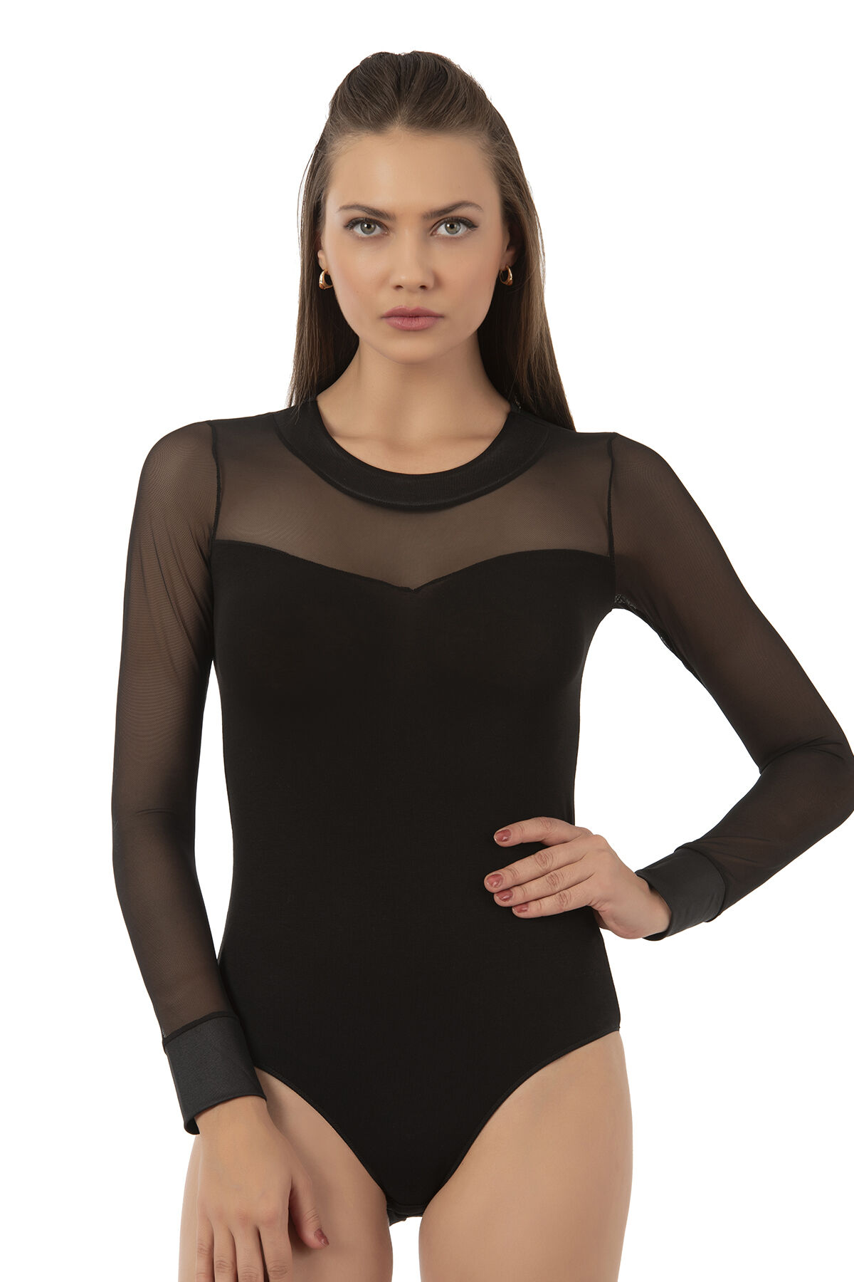 Özkan 22786 Kadın Likralı Pamuklu Süprem Esnek Rahat Tül Detaylı Bisiklet Yaka Kancalı Çıtçıtlı Body Zıbın