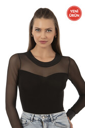 Özkan 22786 Kadın Likralı Pamuklu Süprem Esnek Rahat Tül Detaylı Bisiklet Yaka Kancalı Çıtçıtlı Body Zıbın - Thumbnail