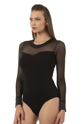 Özkan 22786 Kadın Likralı Pamuklu Süprem Esnek Rahat Tül Detaylı Bisiklet Yaka Kancalı Çıtçıtlı Body Zıbın - Thumbnail