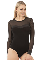 Özkan 22957 Kadın Siyah Viskon Uzun Kollu Yuvarlak Yaka Tül Detaylı Yumuşak Esnek Çıtçıtlı Body - Thumbnail