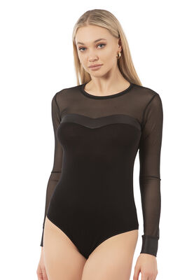 Özkan 22957 Kadın Siyah Viskon Uzun Kollu Yuvarlak Yaka Tül Detaylı Yumuşak Esnek Çıtçıtlı Body