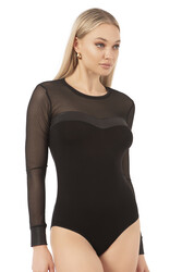 Özkan 22957 Kadın Siyah Viskon Uzun Kollu Yuvarlak Yaka Tül Detaylı Yumuşak Esnek Çıtçıtlı Body - Thumbnail